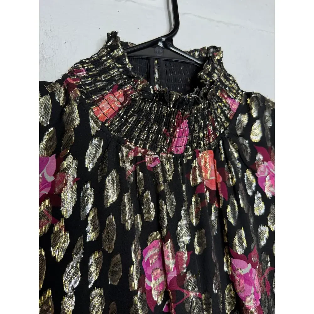Kate Spade rose garden Smocked Shift Dress Womens Small Black Gold Silk